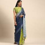 Navy Blue & Green Pure Linen Checked Saree
