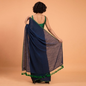 Blue Green Solid Cotton Blend Saree